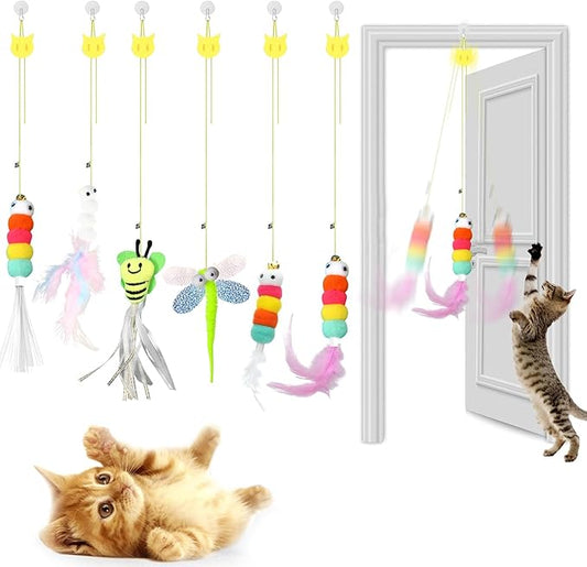 Kitten Toys 6 Pcs Interactive Feather Cat Toys, Cat Teaser Retractable Indoor Cat Toys Self Play Hanging Cat Toy,Cat Toy Indoor Kitten Play Chase Fun Exercise, Mental Physical Stimulation