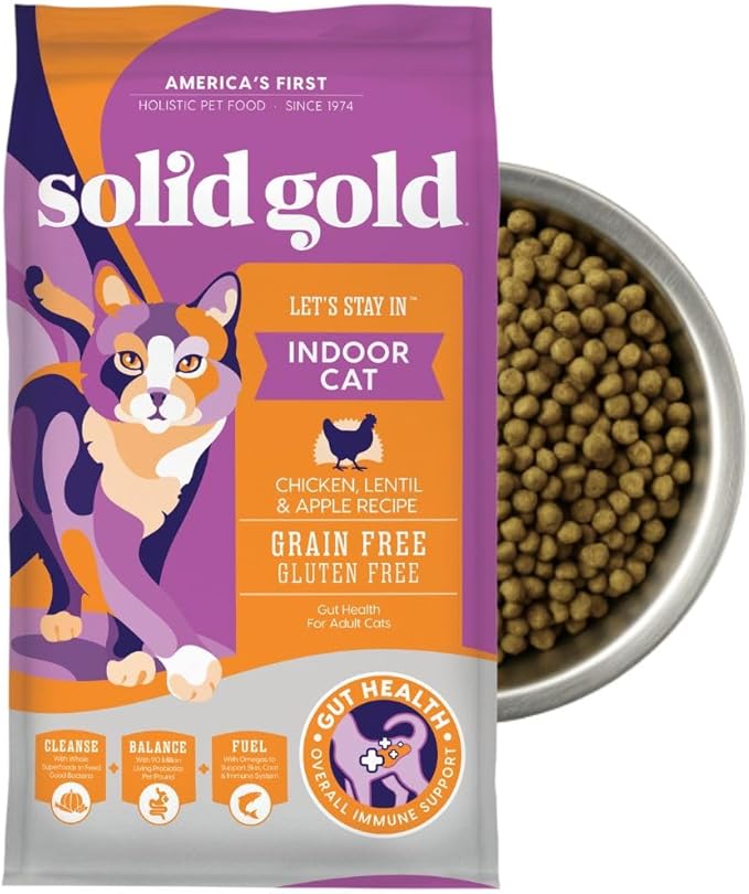 Solid Gold Indoor Dry Cat Food - Grain Free & Gluten Free - Chicken Cat Food Dry Kibble for Indoor Cats w/Probiotics & Fiber for Gut Health - Sensitive Stomach & Hairball Support for Adult Cats - 6LB