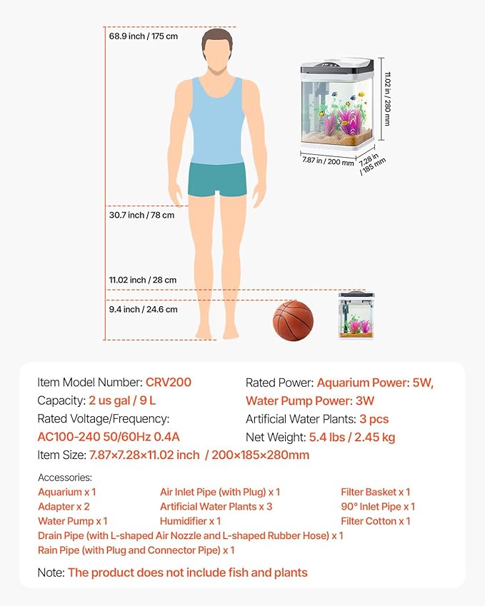 VEVOR Fish Tank Aquarium, 2 Gallon LED Square Ultra-Clear Glass Tank Temperature Monitoring Adjustable 7 Color Lighting, Self Cleaning System Fishbowl for Freshwater & Saltwater Fish Home,Office,Pet