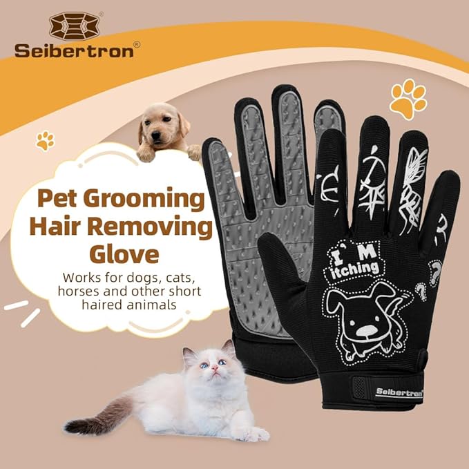 Seibertron Patented P.G.M.G-1 Pet Hair Remover/Deshedding Grooming Gloves Seven Sizes Fit All Works for Dogs, Horses, Cats and Other Animals Short Fur(1-Pair) Adult Black S