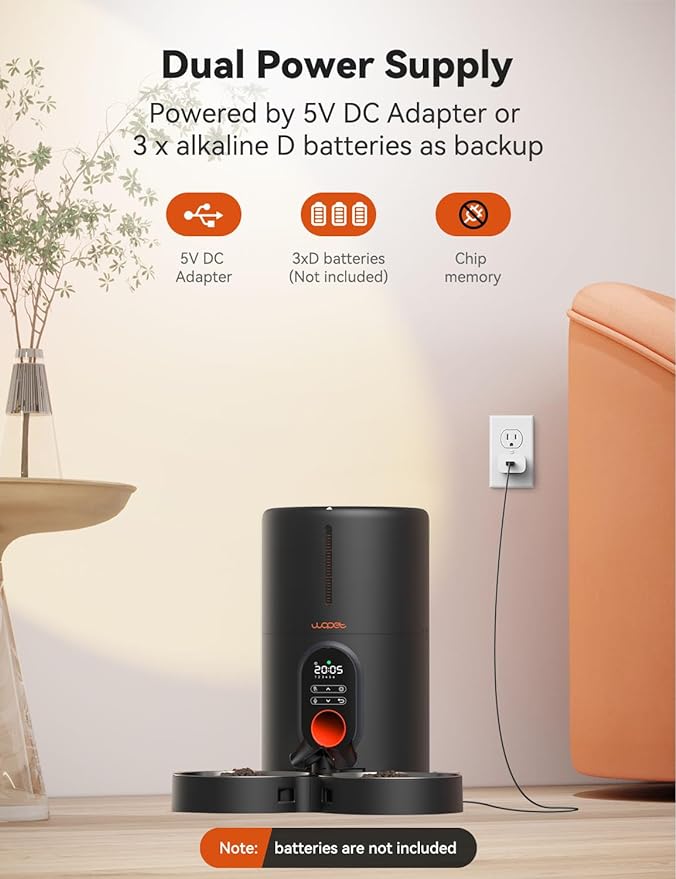 WOPET Automatic Cat Feeders 2 Cats-Timed Cat Feeder with Stainless Steel Bowl, Programmable 1-6 Meals Control, Dual Power Supply Auto Pet Feeder for Cats and Dogs