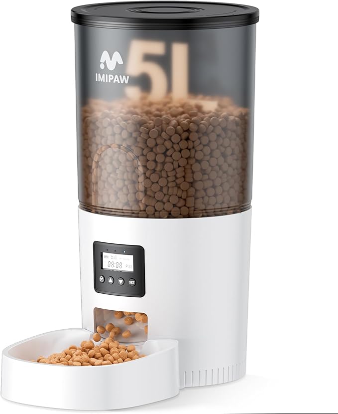 Automatic Cat Feeders, 5L Large Capacity, Timed Feeding Dry Food, Dual Power Design, Programmable Portion Size, 1-6 Meals Per Day, with Desiccant Packet, Suitable for Small Pets Food Dispenser