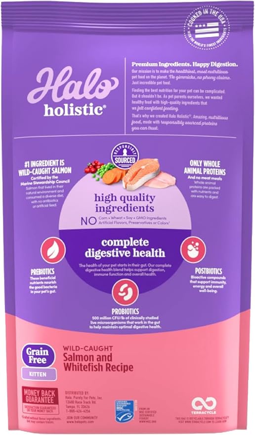 Halo Holistic Kitten Food, Wild Caught Salmon & Whitefish Recipe, Grain Free Dry Cat Food, Complete Digestive Health, 10 lb Bag