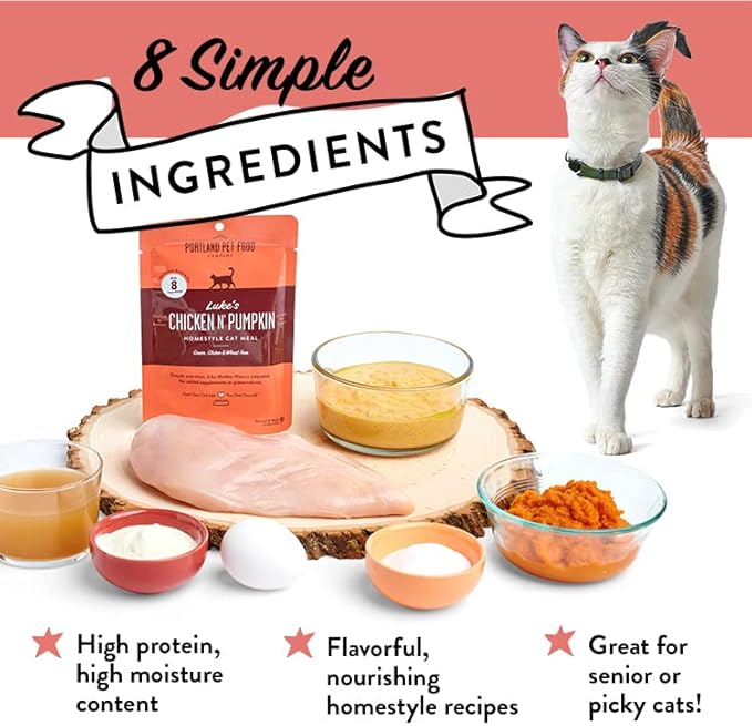 Portland Pet Food Company Human-Grade Mixed Variety Pack Wet Cat Food Pouch Luke's Chicken N' Pumpkin - Moist, Soft Cat Food Mixer, Topper, and Rotational Meal - 12 Pack