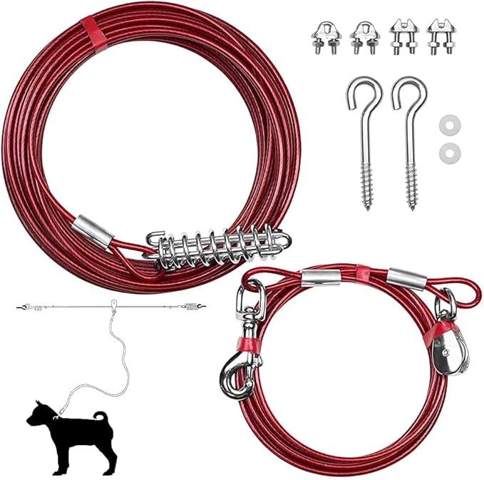 BV Dog Tie Out Cable 60 Feet - Heavy Duty Dog Lead Up to 125 Pounds with Trolley System - Reflective, Rust-Free, Quick Release Swivel Clips & Shock Spring, Tangle-Free Dogs Runner for Yard(Red Single)