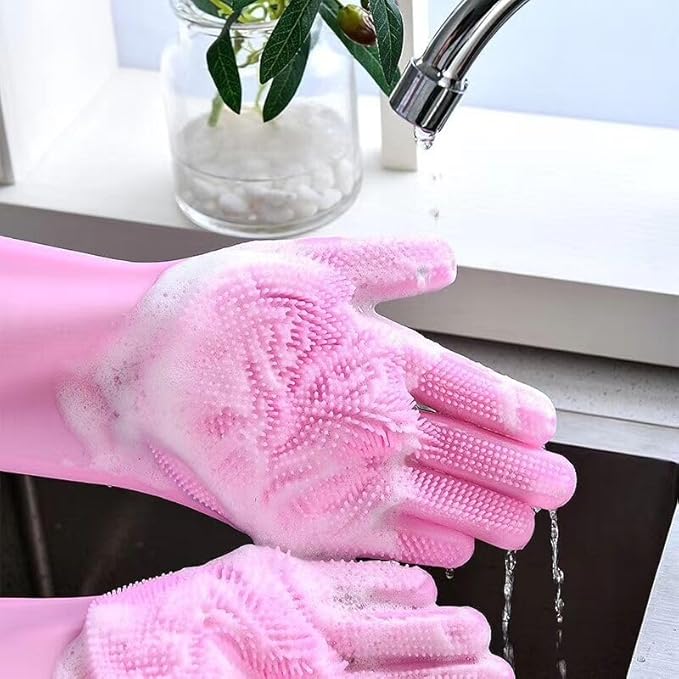 Pet Grooming Gloves，Heat-Resistant Silicone Gloves with High-Density Teeth for Enhanced Massaging and Bathing of Dogs and Cats (Pink, 1 Pair)