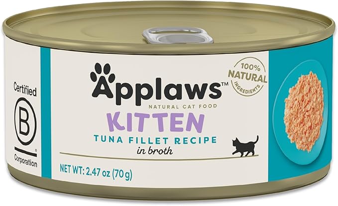 Applaws Natural Wet Kitten Food in Broth, Limited Ingredient Canned Wet Kitten Food, No Additives, Made with Natural Ingredients, Tuna Fillet in Broth (24 x 2.47oz Cans)