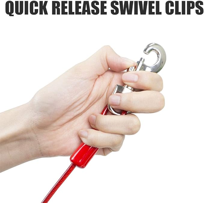 BV Dog Tie Out Cable 30 Feet - Heavy Duty Dog Lead Up to 125 Pounds - Reflective & Rust-Free with Quick Release Swivel Clips & 360° Rotating Clasp - Tangle-Free Dogs Runner for Yard (Red, Pair)