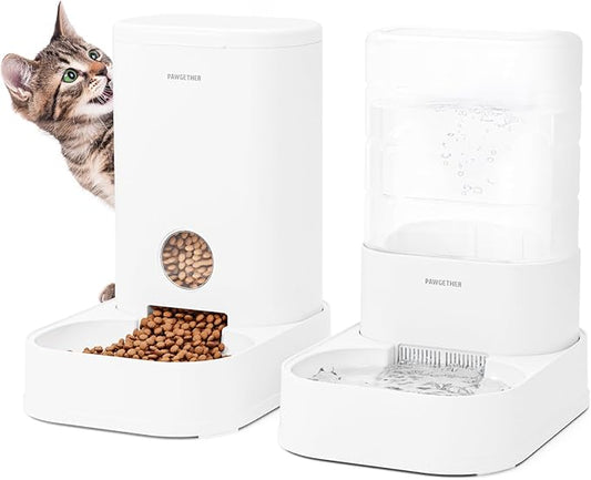 PAWGETHER® 2 Pack Gravity Cat Feeder and Water Dispenser 1 Gallon/3.5L Automatic Cat and Dog Feeder and Waterer with Pet Food Bowl for Puppy Kitten