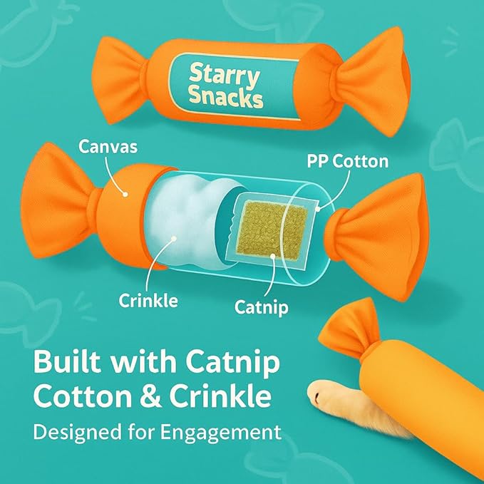 Catnip Candy Toys for Indoor Cats – 3-Pack Crinkle Cat Toys with Catnip Pouches, Durable Canvas & Soft Filling, Cat Chew Toys for Kittens & Adults (Mix Color)