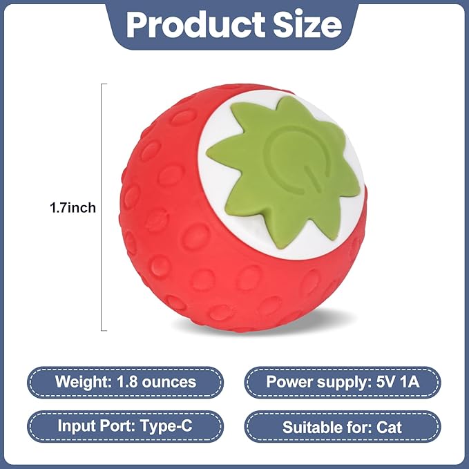 2Pcs Self-Moving Electric Cat Toy Ball with LED - Automatic Interactive Cat Toys for Indoor Cats, Smart Strawberry Design Stimulates Hunting Instincts, Boredom Relief & Exercise for Solo Play