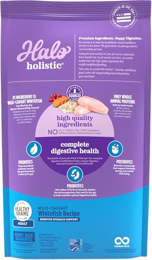 Halo Holistic Cat Food Wild Caught Salmon & Whitefish Formula, Healthy Grains Dry Cat Food, For Sensitive Stomach Support, Kibble for Adult Cats, 10 lb Bag