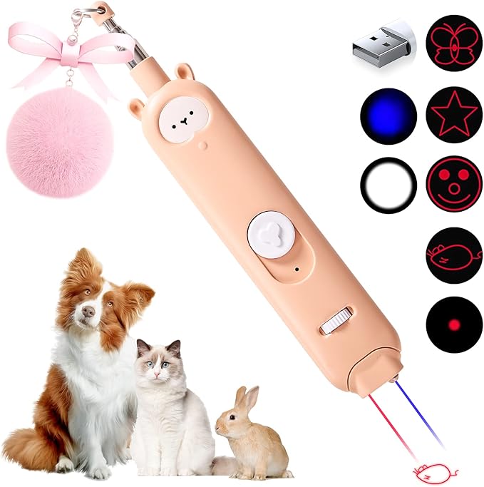 Cat Laser Toys, 2 in 1 Laser Pointer Cat Toys,Internative Cat Toys for Indoor Cats,3+5 Light Modes Cat Wand Toy, Retractable Cat Feather Toys, Long Range Kitten Toys,USB Rechargeable