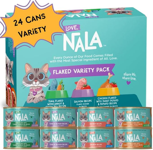 LOVE, NALA - FLAKED Fish & Chicken Variety Pack - 24 Pack- Natural Adult Cat Wet Food - Grain Free, Non-GMO, Lean Protein, Omega 3, Digestive Fiber, Added Minerals & Vitamins