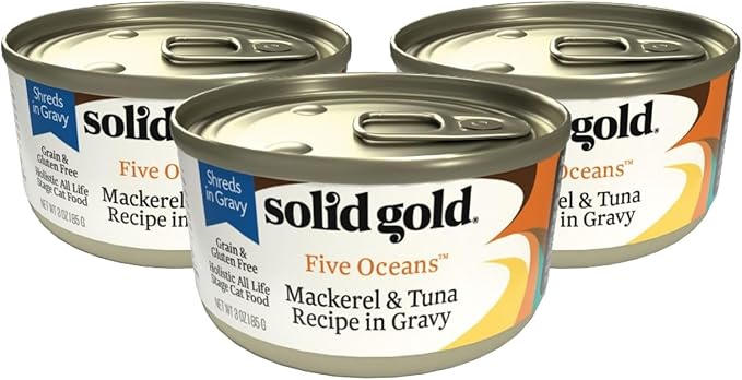 Five Oceans Solid Gold Wet Cat Food Shreds in Gravy - 3 Count Sample Pack - Real Tuna & Mackerel Cat Food for All Ages - Grain Free, Sensitive Stomach