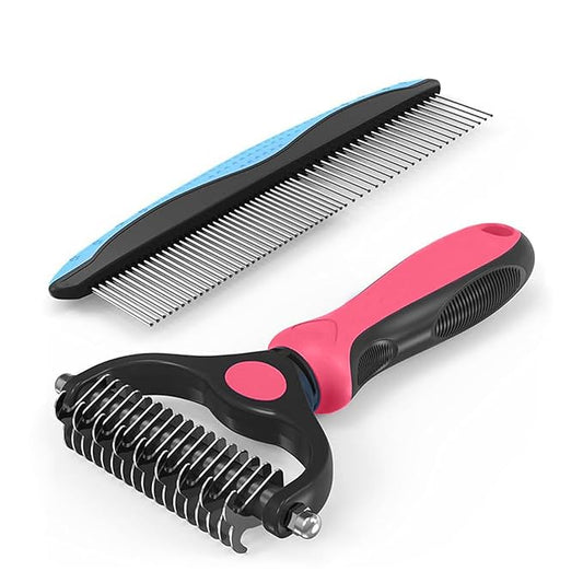 YINGFAN Pet Grooming Combo, Double-Sided Dematting Deshedding Undercoat Rake for Dogs and Cats, Dog Brush with Metal Comb for Detangling (Pink)