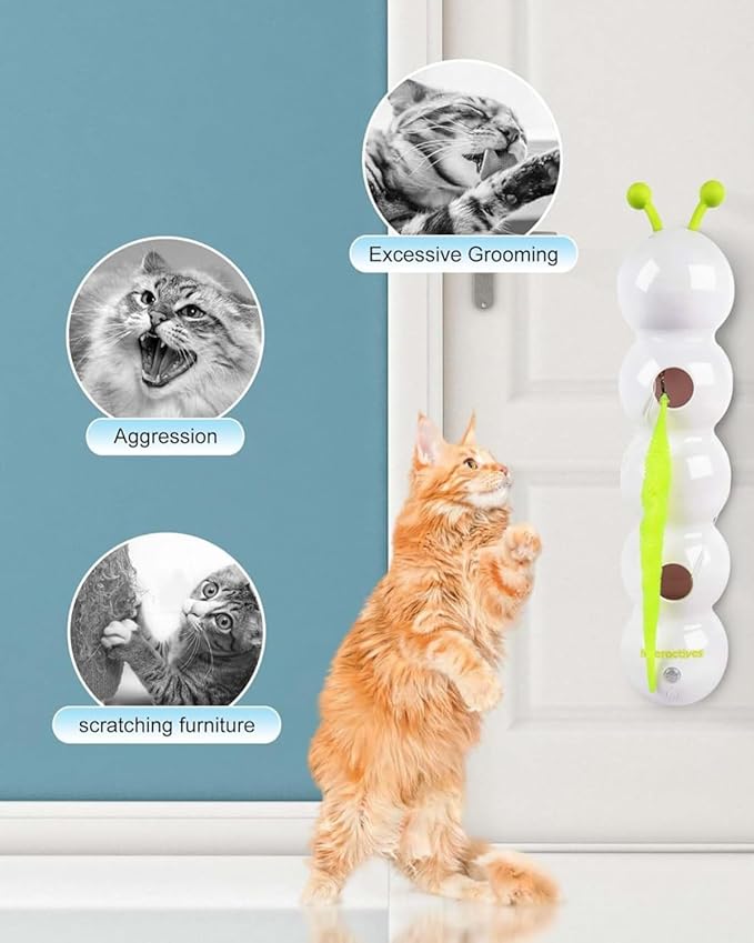 Interactive Caterpillar Cat Toy, Motion Sensor, Simulation of Biological Trajectory, ABS, USB Rechargeable, Stable Suction Cup, Cat Feather Toys for Indoor Cats, Caterpillar Smart Toy with 2 Tails