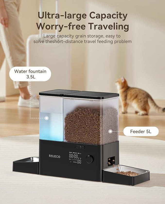 Rojeco 36Cups/8.5L Pet Automatic Cat Feeder and Gravity Water Dispenser,Stainless Steel Bowls 2-in-1 Set Large Capacity 5L Food Feeder and 3.5L Water Fountain for Cats,Pets,Small Dogs,Black