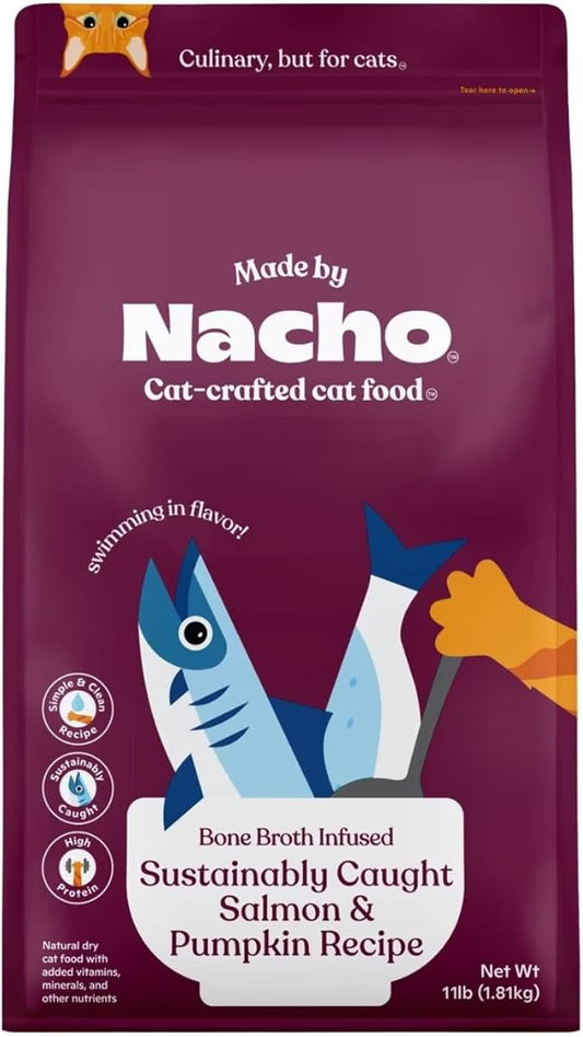 Made by Nacho Dry Cat Kibble 11lb Bag, High Protein and Grain-Friendly Premium Cat Food, Sustainably Caught Salmon and Pumpkin, Infused with Bone Broth for Hydration, Limited Ingredients, Single Bag
