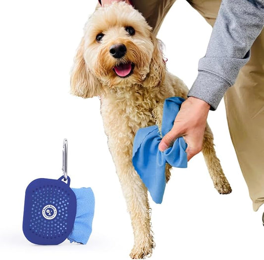 Sweet Paws Portable Dog Paw Towel, Lightweight & Super Absorbent Microfiber, Clips onto Leash, Quick Drying Towel for Dogs Paws with Silicone Case, Dry Dog’s Paws on The Go - Large - Newport Navy