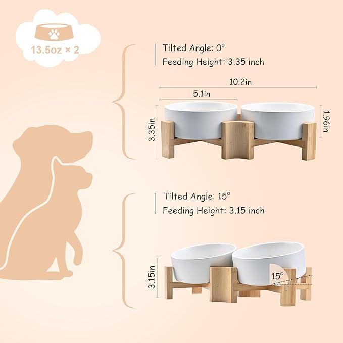 SPUNKYJUNKY 15° Slanted Ceramic Dog and Cat Bowl with Wooden Stand, Tilted Bulldog Food and Water Bowl No Slip Non-Spill for Cats Medium Dogs Big Face Pets 13.5 OZ (1.7 Cups, White × 2)