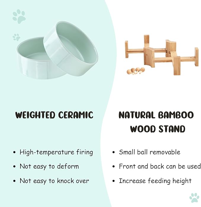 SPUNKYJUNKY 15° Slanted Ceramic Dog and Cat Bowl with Wooden Stand, Tilted Bulldog Food and Water Bowl No Slip Non-Spill for Cats Medium Dogs Big Face Pets 13.5 OZ (1.7 Cups, Morandi Green × 2)