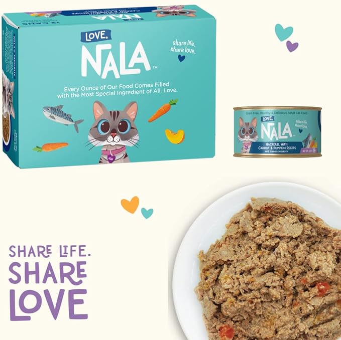 LOVE, NALA - Natural Adult Cat Wet Food - Pate Mackerel with Carrot & Pumpkin Recipe- Grain Free, Non-GMO, Lean Protein, Omega 3, Digestive Fiber Blend, Added Minerals & Vitamins - 12 Pack 2.4 lbs.