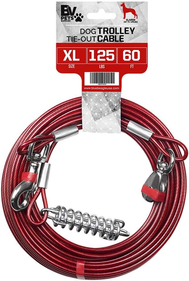 BV Dog Tie Out Cable 60 Feet - Heavy Duty Dog Lead Up to 125 Pounds with Trolley System - Reflective, Rust-Free, Quick Release Swivel Clips & Shock Spring, Tangle-Free Dogs Runner for Yard(Red Single)