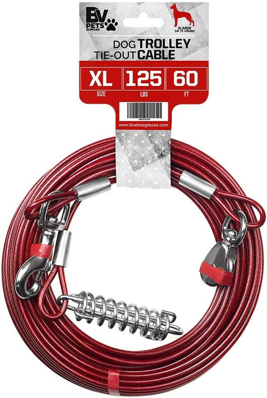 BV Dog Tie Out Cable 60 Feet - Heavy Duty Dog Lead Up to 125 Pounds with Trolley System - Reflective, Rust-Free, Quick Release Swivel Clips & Shock Spring, Tangle-Free Dogs Runner for Yard(Red Single)