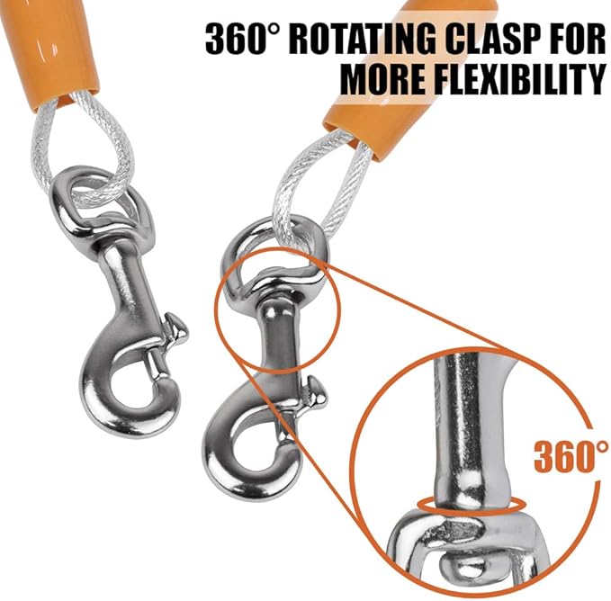 BV Dog Tie Out Cable 25 Feet - Heavy Duty Dog Lead up to 90 Pounds - Reflective & Rust-Free with Quick Release Swivel Clips & 360° Rotating Clasp - Tangle-Free Dogs Runner for Yard (Silver, Single)