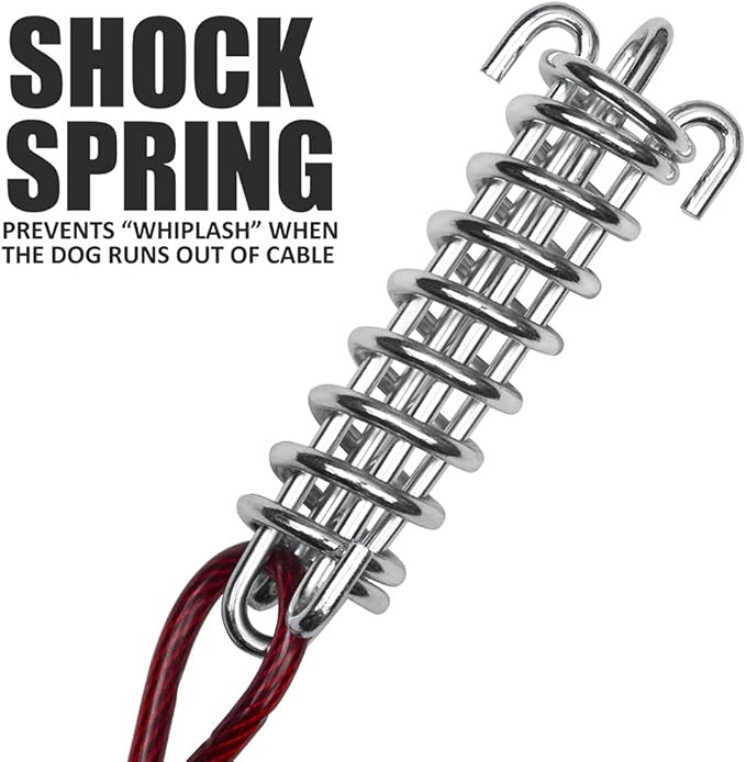 BV Dog Tie Out Cable 60 Feet - Heavy Duty Dog Lead Up to 125 Pounds with Trolley System - Reflective, Rust-Free, Quick Release Swivel Clips & Shock Spring, Tangle-Free Dogs Runner for Yard(Red Single)