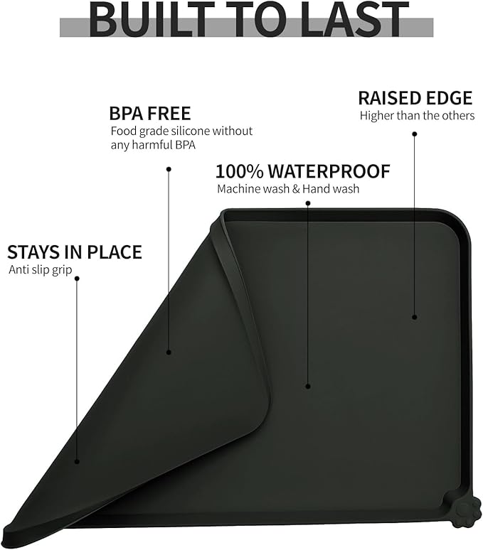 Waterproof Pet Feeding Mat with High Raised Edges, Heavier and Thicker Placemats for Cat Dog Water Bowl with BPA Free, Dogs Cats Food Mats for Messy Drinkers to Prevent Spill and Protect Floors
