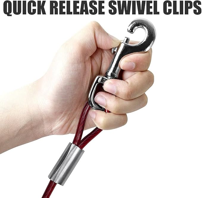 BV Dog Tie Out Cable 60 Feet - Heavy Duty Dog Lead Up to 125 Pounds with Trolley System - Reflective, Rust-Free, Quick Release Swivel Clips & Shock Spring, Tangle-Free Dogs Runner for Yard(Red Single)