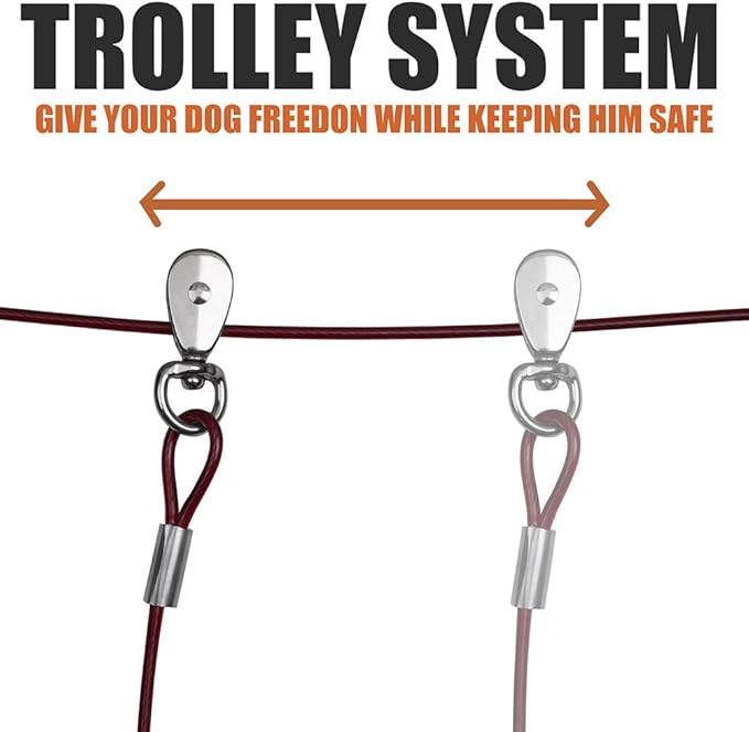 BV Dog Tie Out Cable 60 Feet - Heavy Duty Dog Lead Up to 125 Pounds with Trolley System - Reflective, Rust-Free, Quick Release Swivel Clips & Shock Spring, Tangle-Free Dogs Runner for Yard(Red Single)