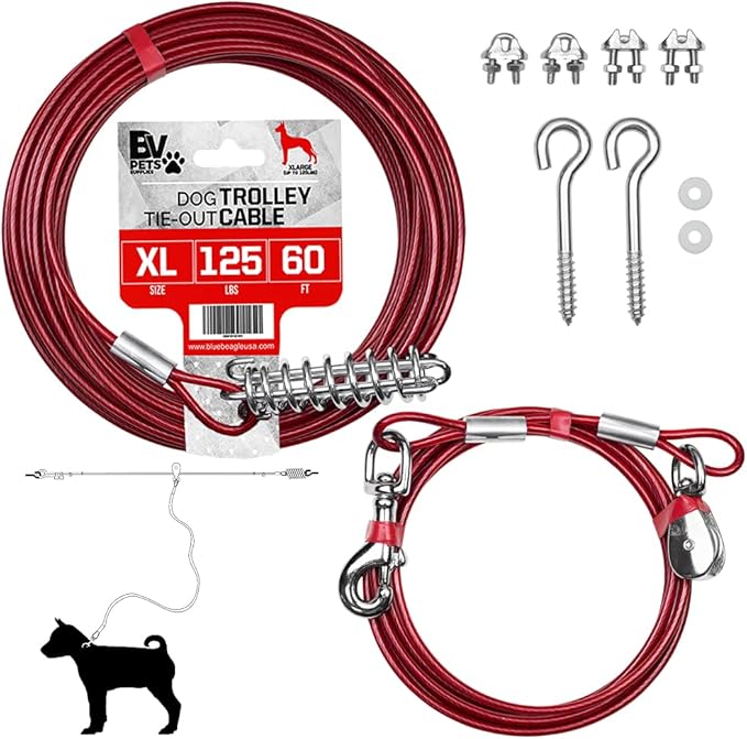 BV Dog Tie Out Cable 60 Feet - Heavy Duty Dog Lead Up to 125 Pounds with Trolley System - Reflective, Rust-Free, Quick Release Swivel Clips & Shock Spring, Tangle-Free Dogs Runner for Yard(Red Single)