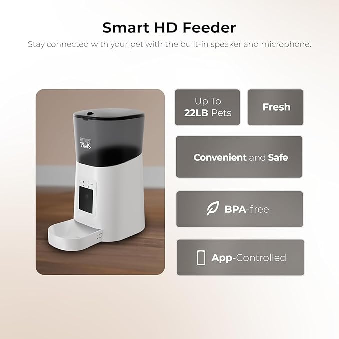 Smart HD Cat Feeder, 2 Way Audio + Voice Recording, Automatic Feeder for Dog with 1080p Night Vision Camera, WiFi App Controlled, Battery Backup, Anti Jam 6L Upto 15 Daily Meals, White