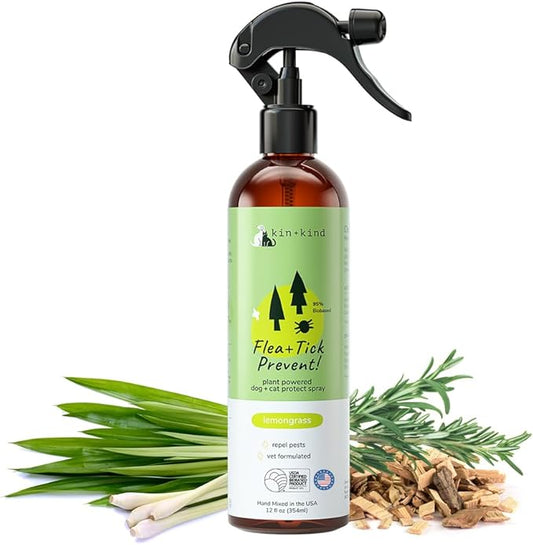 kin+kind Plant-Based Flea & Tick Spray for Dogs and Cats with Lemongrass - Essential for Flea & Tick Treatment - Flea Spray for Dogs and Cats - Pet Supplies 12 fl oz