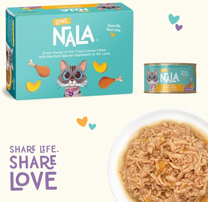 LOVE, NALA - Natural Adult Cat Wet Food - FLAKED Chicken with Pumpkin in Broth - Grain Free, Non-GMO, Digestive Fiber, Vitamins, Minerals - 12 Pack 2.4 lbs.