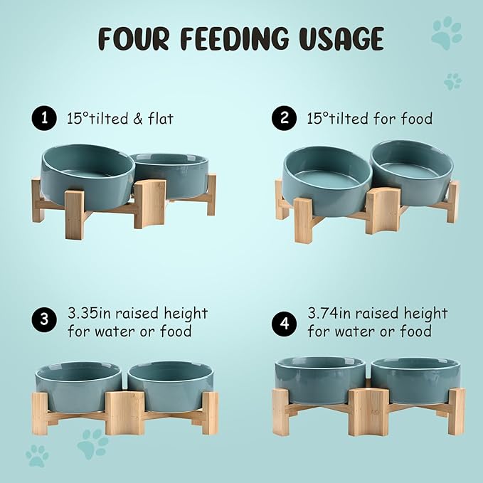 SPUNKYJUNKY 15° Slanted Ceramic Dog and Cat Bowl with Wooden Stand, Tilted Bulldog Food and Water Bowl No Slip Non-Spill for Cats Medium Dogs Big Face Pets 13.5 OZ (1.7 Cups, Light Green × 2)