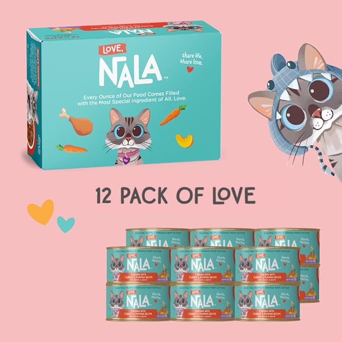 LOVE, NALA - Natural Adult Cat Wet Food - Pate Chicken with Carrot & Pumpkin Recipe- Grain Free, Non-GMO, Lean Protein, Digestive Fiber Blend, Added Minerals & Vitamins - 12 Pack 2.4 lbs.