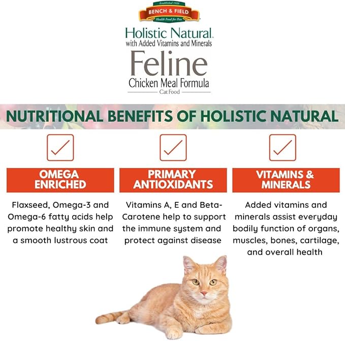 Bench & Field Holistic Natural Premium Adult Dry Cat Food, Chicken Meal and Brown Rice Recipe 25 lb Bag (Pack of 1)