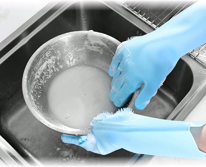 Pet Grooming Gloves，Heat-Resistant Silicone Gloves with High-Density Teeth for Enhanced Massaging and Bathing of Dogs and Cats (Blue, 2 Pair)