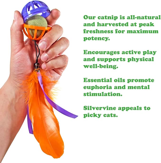 Meowijuana Whack 'n' Roll Compressed Catnip Ball with Cage | Purple Passion | Interactive Cat Toy with Feather | Potent Hand Harvested Catnip Grown in North America