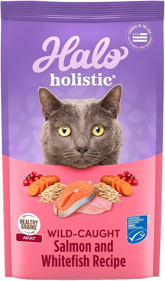 Halo Holistic Cat Food Wild Caught Salmon & Whitefish Formula, Healthy Grains Dry Cat Food, Complete Digestive Health, Kibble for Adult Cats, 3 lb Bag