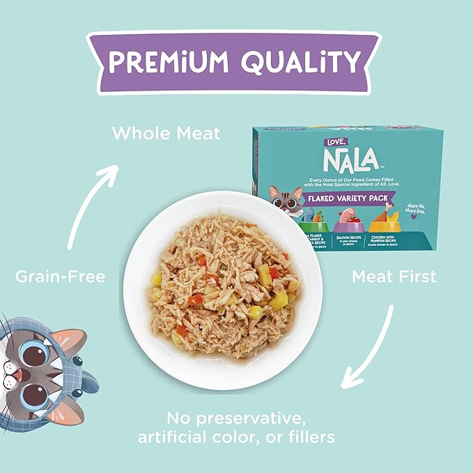 LOVE, NALA - Natural Adult Cat Wet Food - FLAKED Variety Pack - Salmon, Tuna, Chicken - Grain Free, Non-GMO, Lean Protein, Omega 3, Digestive Fiber Blend, Added Minerals & Vitamins - 12 Pack