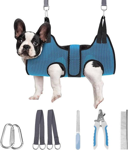 PAWCHIE Dog Grooming Hammock Harness for Dog Cat with Pet Nail Clipper Trimmer-Breathable Cat Hanger Sling for Trimming Clipping Nails-Dog Hammock Restraint Bag for Small Medium Large Dog, Dark Blue S