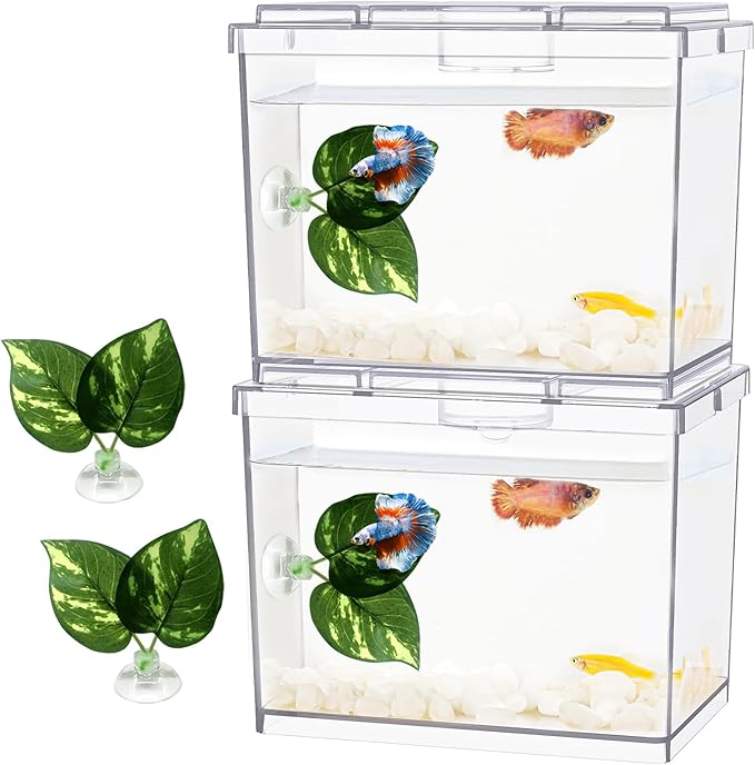 Mini Betta Fish Tank, Small Fish Bowl for Temporary Space, 0.2 Gallon Stackable Cube Tank with Betta Leaf and Gravels for Small Fish, Insect, Shrimp, Crab, Spider.(Pack-2)