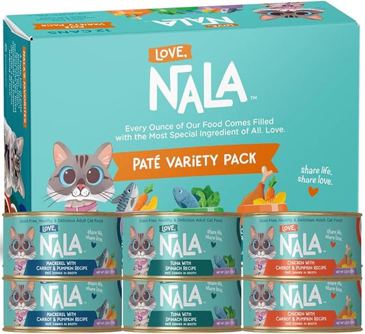 LOVE, NALA - Natural Adult Cat Wet Food - Pate Variety Pack - Tuna, Chicken, Mackerel - Grain Free, Non-GMO, Fiber Blend, Minerals, Vitamins - 12 Pack 2.1 lbs.