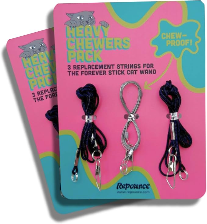 Replacement Strings for Cat Wand Toy - 3-Pieces - Chew-Proof Metal String Wire and 2 Durable Paracord Strings - Heavy Chewers Pack Cat Wand Toy Refill Strings (6 Replacement Strings)