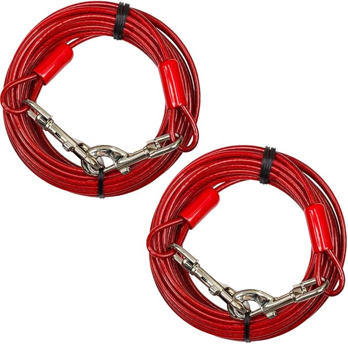 BV Dog Tie Out Cable 30 Feet - Heavy Duty Dog Lead Up to 125 Pounds - Reflective & Rust-Free with Quick Release Swivel Clips & 360° Rotating Clasp - Tangle-Free Dogs Runner for Yard (Red, Pair)